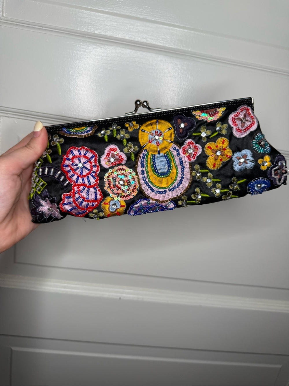 New York & Company Black Embroidered Multicolor Floral Clutch